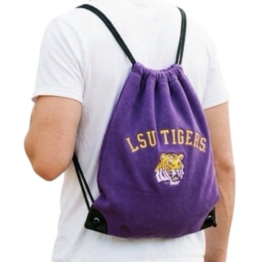 Vtg 90s LSU Tigers Unisex Drawstring Backpack Fleece Purple Spellout Cinch Bag